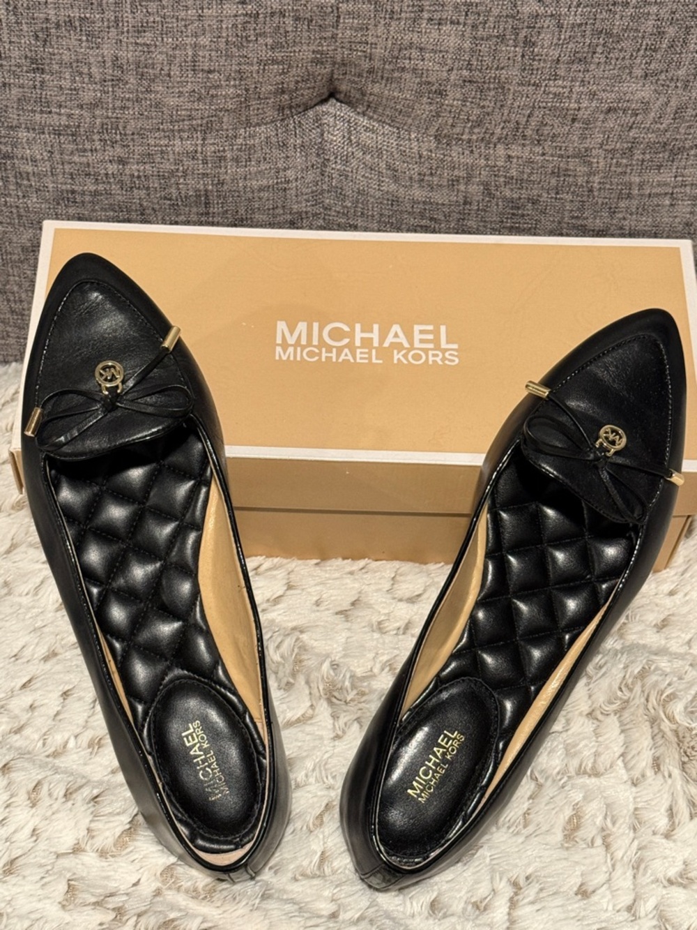 Michael Kors Black Quilted Leather Pointed Toe Flats with Gold Accents - Picture 1 of 6
